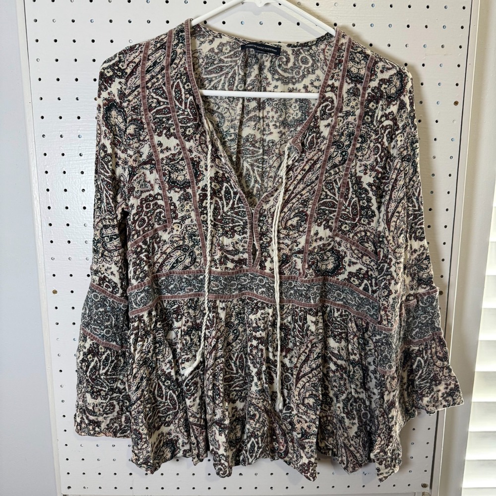American Eagle Outfitters Blouse Womens Large Paisley Tassel 3/4 Sleeve Boho Top - Picture 1 of 10